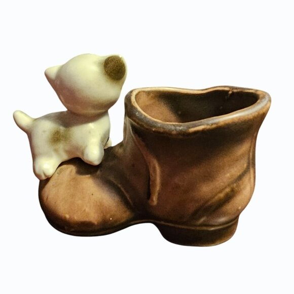 Antique Mid Century Enesco Kitten on Boot Mini Planter Toothpick Holder Trinket - Picture 6 of 11